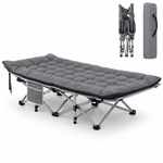 Grey folding camping cot with mattress on white background