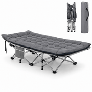 Grey folding camping cot with mattress on white background