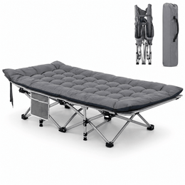 Grey folding camping cot with mattress on white background