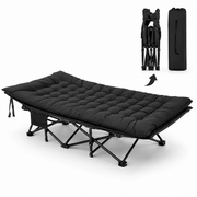 Black heavy-duty folding camping cot with mattress and steel frame