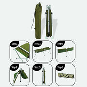Heavy-Duty Portable Folding Camping Stretcher assembly steps shown in six images.