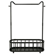 Freestanding Clothes Rack with open bottom shelf and lockable wheels, ideal for organizing clothing and accessories.