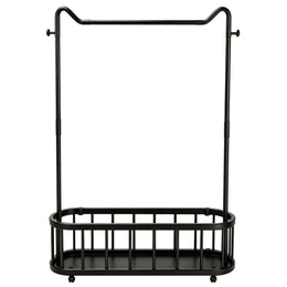 Freestanding Clothes Rack with open bottom shelf and lockable wheels, ideal for organizing clothing and accessories.