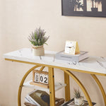 Close-up view of the top surface and upper frame of a Gold Circle Console Table