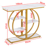 Gold Circle Console Table dimension diagram highlighting product measurements and multi-tier shelving