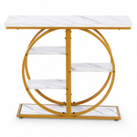 Gold Circle Console Table with a white marble-patterned top and geometric golden frame on a clean white background