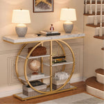 Gold Circle Console Table featuring dual lamps and decorative books in an entryway display
