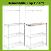 Heavy-Duty Baker's Rack showing removable top board with hooks and multiple storage shelves for kitchen organization.