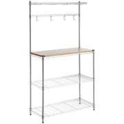 Heavy-Duty Baker's Rack with wood top and hooks for kitchen organization and storage.