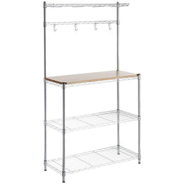 Heavy-Duty Baker's Rack with wood top and hooks for kitchen organization and storage.
