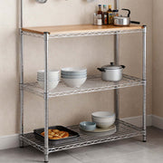 Heavy-Duty Baker's Rack with wooden top and organized kitchenware including bowls and pots.