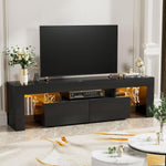 Angled black TV unit with two drawers and warm LED-lit side shelves