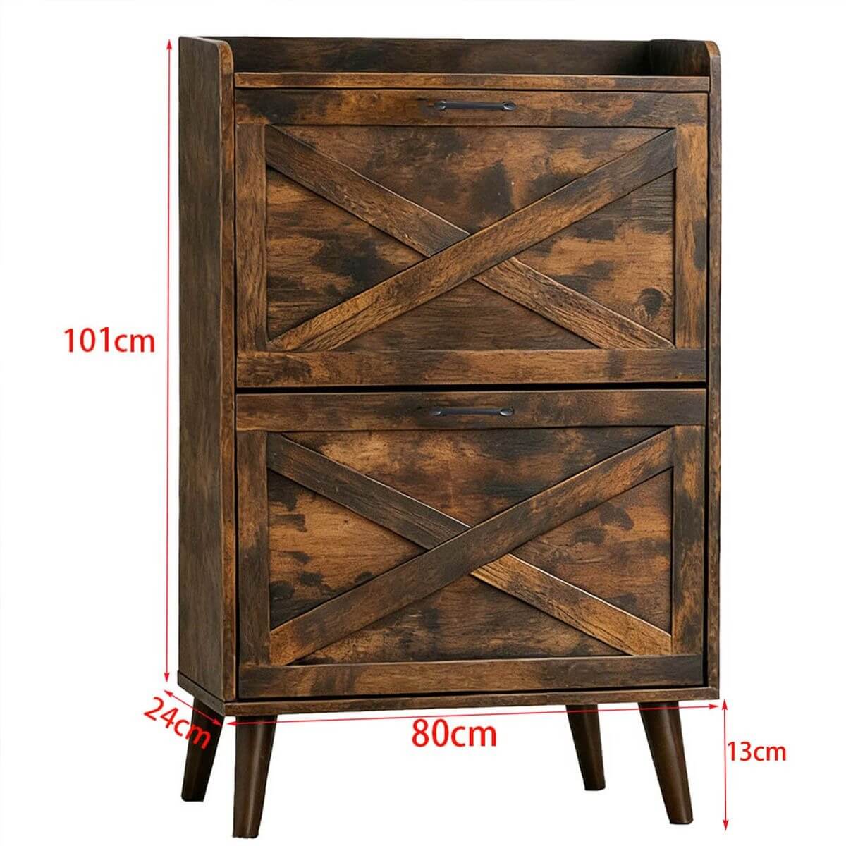 Rustic Tilt-Out Shoe Cabinet with 2 drawers, 101cm tall, stylish design for organized footwear storage.