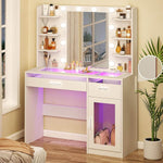 LED Vanity Desk with Charging Station featuring illuminated mirror and RGB glass top, designed for cosmetics and organization.
