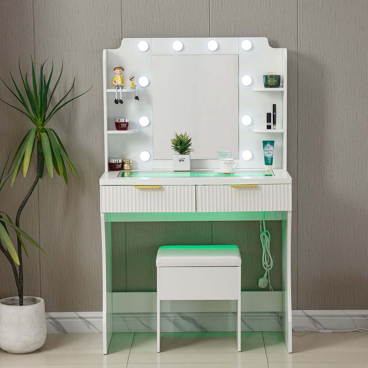 LED Dressing Table with Mirror featuring a charging station, stool, and bright lights for a professional grooming experience.