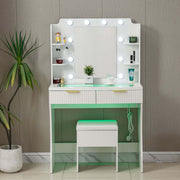LED Dressing Table with Mirror featuring a charging station, stool, and bright lights for a professional grooming experience.