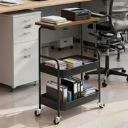 3-Tier Rolling Storage Cart with Wood Top in modern office setting, ideal for organizing supplies and enhancing workspace.
