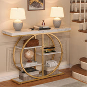 Gold Circle Console Table with Marble Shelves & Storage