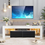 Modern Floating LED TV Stand elegantly displays a television in a stylish living room, featuring a sleek white console with ambient lighting.