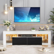 Modern Floating LED TV Stand elegantly displays a television in a stylish living room, featuring a sleek white console with ambient lighting.