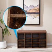 Cubby Shoe Storage Bench with Cushion showcasing adjustable shelves and rich wood finish in modern entryway setting.