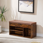 Rustic Shoe Storage Bench with Cushion featuring a padded top and open shelves in a cozy entryway setting.