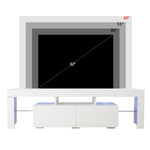 White LED TV console shown beneath televisions up to 60 inches