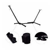 Double Hammock with Steel Stand, featuring sturdy black metal frame and connectors for optimal support and relaxation.