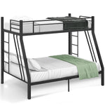 Black single-over-double triple sleeper metal bunk bed with bedding on a white background