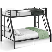 Black single-over-double triple sleeper metal bunk bed with bedding on a white background