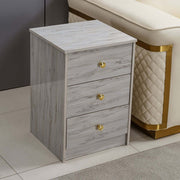 Modern 3-Drawer Nightstand with Gold Handles featuring minimalist Nordic design in a contemporary space.