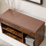 Rustic Shoe Storage Bench with Cushion featuring a brown padded top and storage compartments.