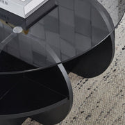 Modern Glass Nesting Coffee Table set with black finish and glass top, featuring storage space and sleek design.