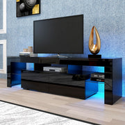 Black TV stand with blue LED lighting, open media shelf and two drawers