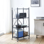 rolling storage cart with foldable shelves and black metal frame