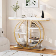Gold Circle Console Table with Marble Shelves & Storage