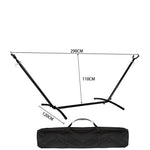 Double Hammock with Steel Stand dimensions and carrying bag for outdoor relaxation.
