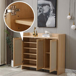 Boho 3-Door Shoe Cabinet with open doors showcasing multiple shelves and elegant design features.