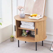 Natural wood grain round side table with storage and minimalist decor