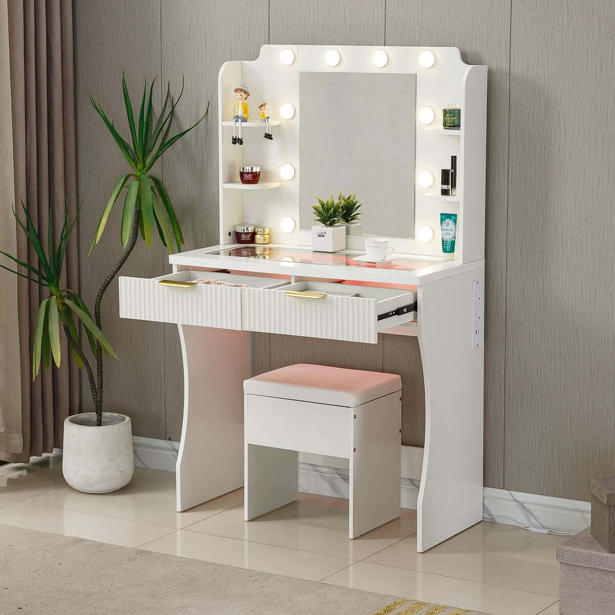 LED Dressing Table with Mirror featuring a charging station and a cozy stool, perfect for bedroom use.