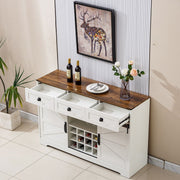 Farmhouse Wine Bar Cabinet with rustic wood top, storage drawers, and wine rack, styled with bottles and flowers.