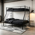 Single-over-double black metal bunk bed in a modern industrial bedroom