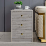 Modern 3-Drawer Nightstand with Gold Handles, perfect for contemporary decor and storage solutions.