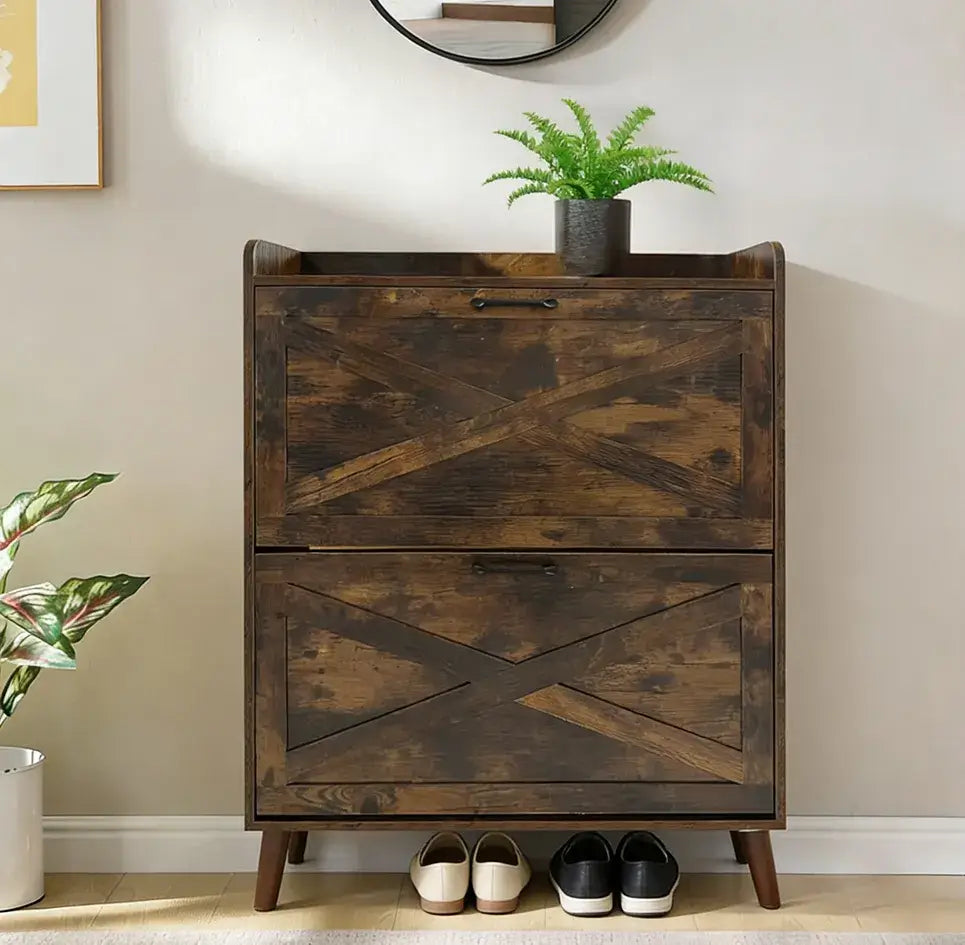 Rustic Tilt-Out Shoe Cabinet with 2 drawers, stylish storage solution for entryway, modern home decor accent.