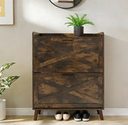 Rustic Tilt-Out Shoe Cabinet with 2 drawers, stylish storage solution for entryway, modern home decor accent.