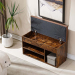 Rustic Shoe Storage Bench with Cushion featuring hidden flip-top and open shelves for home organization.