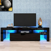 Black TV console with blue LED lighting beneath a wall-mounted television