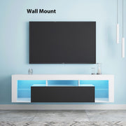 Modern Floating LED TV Stand wall-mounted with sleek high-gloss finish and ambient lighting.