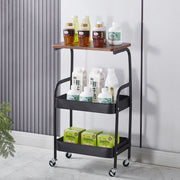 3-Tier Rolling Storage Cart with Wood Top holding drinks and snacks in a stylish kitchen setting.