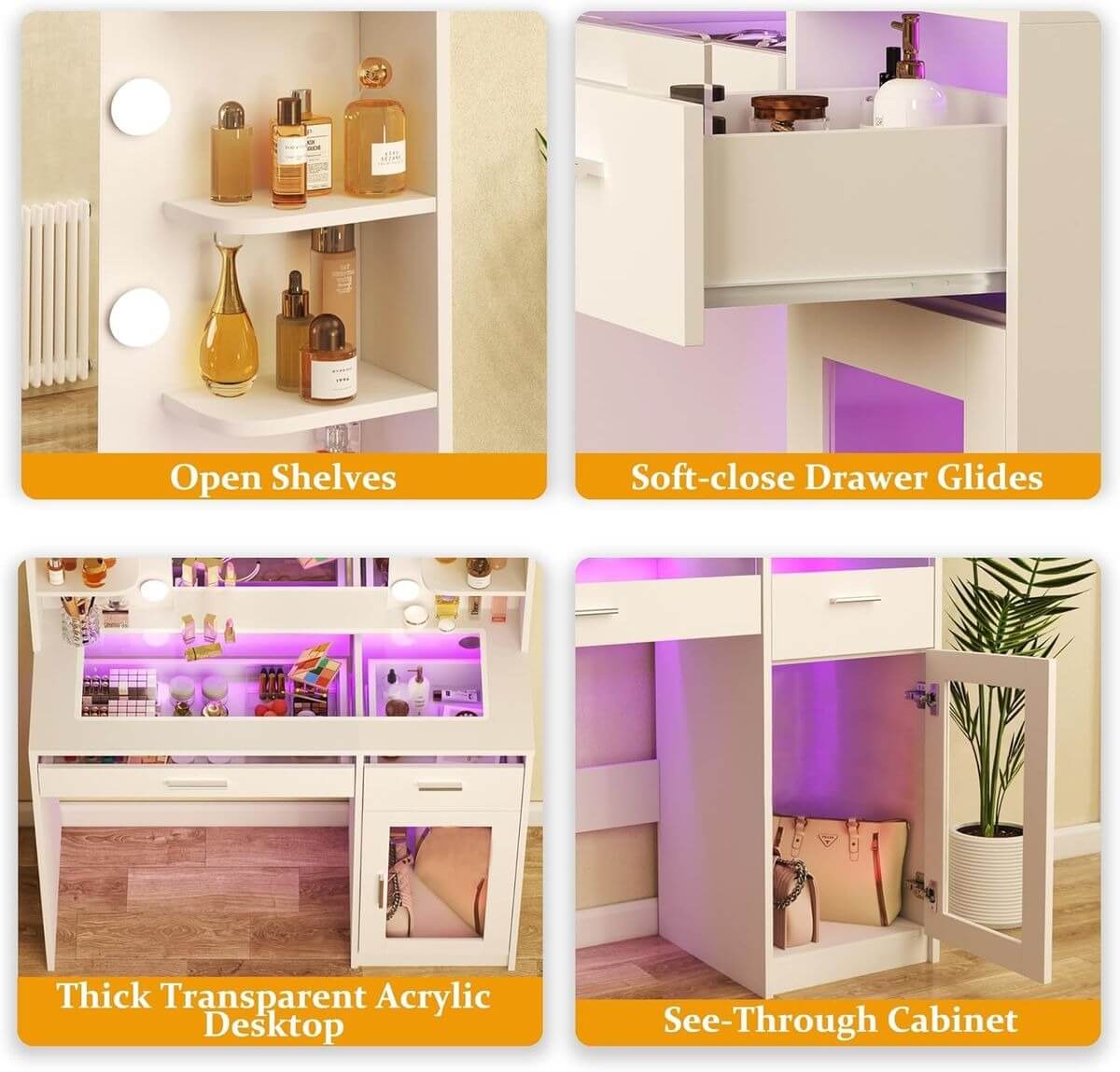 LED Vanity Desk features open shelves, soft-close drawer glides, thick transparent acrylic desktop, and see-through cabinet.